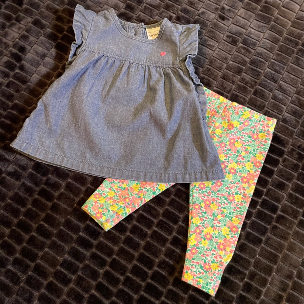 5 for $20-Carter’s 2-pc. newborn set-Denim top w/floral pants-Like new-Size NB.